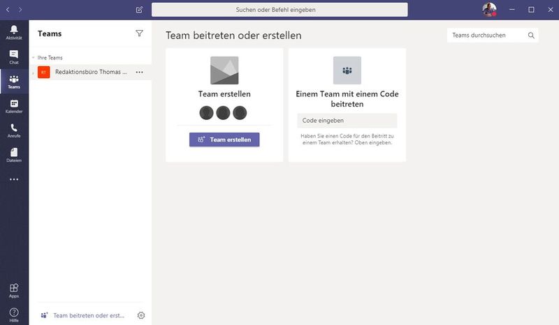 Im Windows-Client können Administratoren Teams erstellen und Anwender können Teams beitreten. (Bild: Joos / Microsoft)