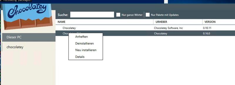 In der grafischen Anwendung von Chocolatey sind alle installierten Anwendungen zu sehen, die mit Chocolatey installiert wurden. Diese lassen sich an dieser Stelle auch deinstallieren oder neu installieren. (Chocolatey / Joos)