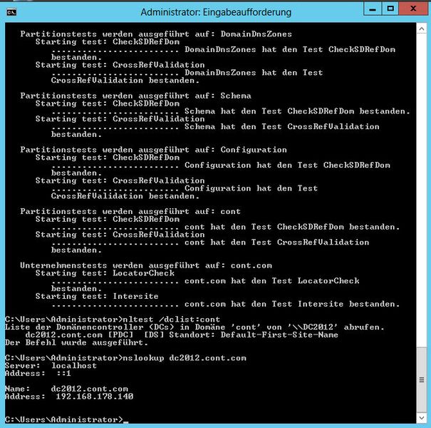 Um Active Directory zu testen, starten Sie eine Befehlszeile, zum Beispiel durch Eingabe von Starten Sie eine Eingabeaufforderung über das Kontextmenü mit Administratorrechten im Startbildschirm. Den Startbildschirm starten Sie mit der Windows-Taste oder der Maus unten links am Bildschirm Geben Sie dann dcdiag ein. Mit nltest /dclist: lassen Sie sich den Namen des Domänencontrollers anzeigen, mit nslookup  muss der Name und die IP-Adresse verfügbar sein. (Archiv: Vogel Business Media)