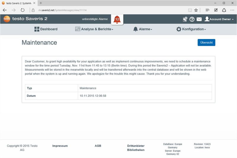 Nutzer kritischer Anwendungen dürften sich womöglich an der Verfügbarkeit des Cloud-Backends stören: Testo garantiert lediglich eine Verfügbarkeit von durchschnittlich 95 Prozent pro Kalendermonat. Zusätzlich müssen Kunden mit geplanten Wartungsarbeiten rechnen. (Bild: Testo)