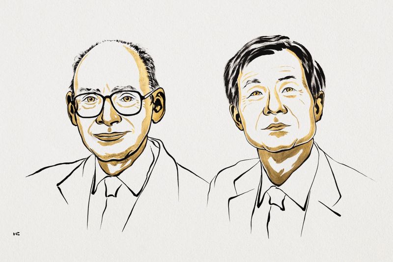 Henri B. Kagan (links) en Kenso Soai delen de Nobelprijs voor Scheikunde 2026 voor hun doorbraken op het gebied van de homochiraliteit van reacties.(Afbeelding: Illustratie: Niklas Elmehed © Nobel Prize Outreach)