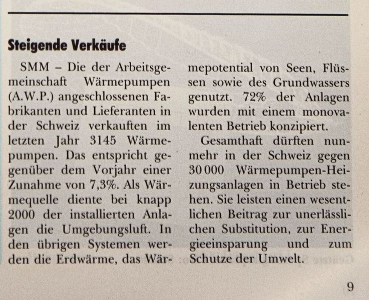 Schon 1989 wurde auf Wärmepumpen gesetzt, die Wärme aus Umgebungsluft, Erdwärme oder aus Seen und Flüssen nutzten.  (Bild: Schweizer Maschinenmarkt)