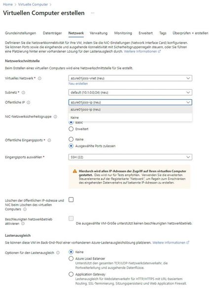 Definieren der Netzwerkeinstellungen für eine neue Azure-VM. (Bild: Joos - Microsoft)