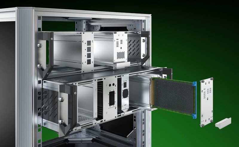 Ein 19-Zoll-Aufbausystem ist in vier Ebenen nach dem Baukastenprinzip aufgebaut. Die Einbauräume werden über TE (Teilungseinheit) und HE (Höheneinheit) beschrieben.(Bild:  Fischer Elektronik)