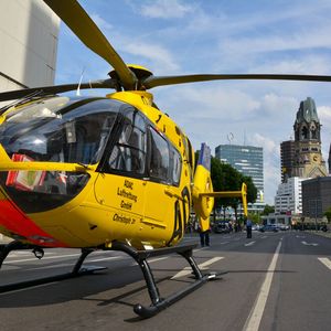 At its peak, "Christoph 31" flew more than 3,800 missions annually. Here it is seen on the streets of Berlin with the Kaiser Wilhelm Memorial Church in the background.(Image: ADAC Air Rescue/Stephan Bartsch)