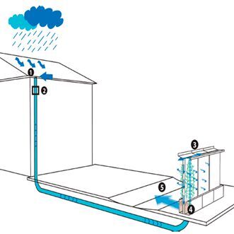 Schematische Darstellung des Wasserverteilungssystems des städtischen Green Screens. Durch die Schwerkraft wird das Wasser von den Dächern (1, 2) auf die Oberseite der Wandstruktur (4) gedrückt, wo es entlang einer perforierten Rinne (3) fließt. Das Wasser läuft dann von der Rinne in absorbierende Mineralwollblöcke ab, von wo aus es in die Luft verdunstet. Bei Regenereignissen, die das Fassungsvermögen der Struktur übersteigen, wird das überschüssige Wasser in ein mit Hilfe eines kleinen Erddeichs (5) geschaffenes Überlaufbecken umgeleitet, wo es versickern kann.  (Bild: Universität Kopenhagen. )