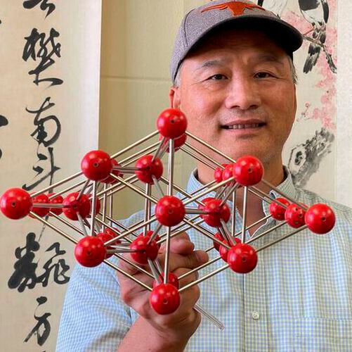 Co-lead author Jung-Fu “Afu” Lin holding a model of iron atoms arranged in the hexagonal structure thought to occur in the Earth’s inner core. Co-lead author Jung-Fu “Afu” Lin holding a model of iron atoms arranged in the hexagonal structure thought to occur in the Earth’s inner core.