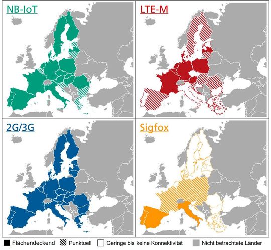 So prägt sich die Verfügbarkeit verschiedener Kommunikationsnetzwerke europaweit aus. Aufgrund dieses Ergebnisses können Forschende des Fraunhofer-IML Empfehlungen für die beste Strategie zur Logistikkommunikation in digitalen Zeiten geben.(Bild:  Fraunhofer-IML)