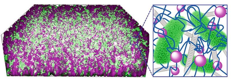 Die Bakterien (grün) sind in einem Kompositmaterial aus Kohlenstoff-Nanoröhrchen (grau) und Kieselsäure-Nanopartikeln (lila) verwoben mit DNA (blau) eingebettet.