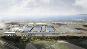 The planned VW/Powerco battery cell factory is located north of Valencia, not far from the port of Sagunt (left). On the right, a future expansion of the factory is faintly visible through the transparency. (Image:Volkswagen AG)