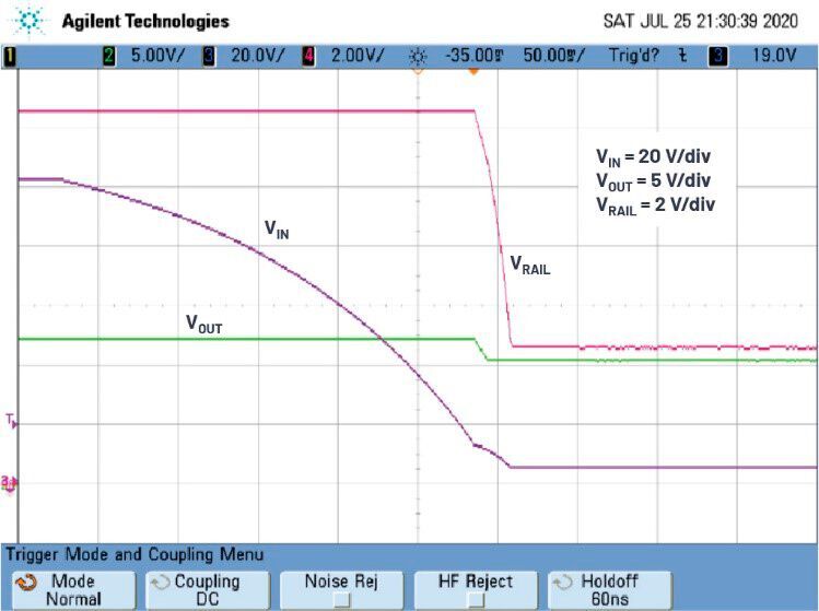 Figure 5. High voltage, dual stage-based bias circuit waveforms. The load current is 0.1 A and the time scale is 50 ms/div.