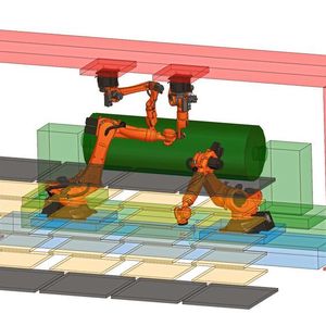 In einem drehbaren Lager soll das zylinderförmige Werkstück von vier Robotern vervollständigt werden sollte: zwei Roboter als Handlanger am Boden, zwei als Schweißer von oben. 