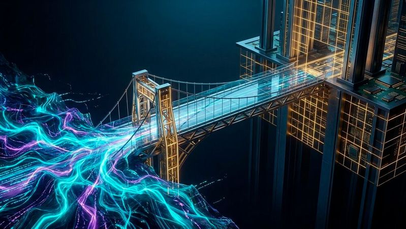 KI-Innovation und Regulierung bilden die Pole, zwischen denen Unternehmen ihre Sicherheitsmodelle neu ausrichten müssen. Fehlende Brücken zwischen beiden schaffen dabei vermeidbare Sicherheitsrisiken.(Bild:  Gemini / KI-generiert)