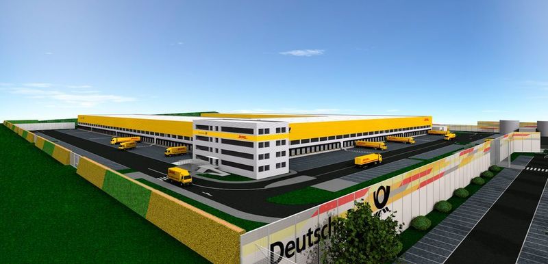 Nordansicht auf das Paketzentrum. Der geplante Standort wird laut Unternehmen rund 600 neue Arbeitsplätze in der Region schaffen. (DHL)