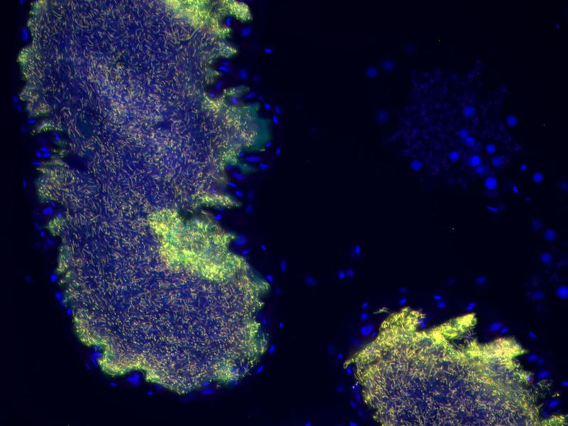 Bakterielle Symbionten (Burkholderia gladioli) bewohnen Reservoire im Fortpflanzungssystem des Wollkäfers Lagria villosa. Die mit Fluoreszenz markierten Bakterien sind gelb dargestellt, die Zellkerne des Wirtsinsekts blau. Die Bakterien produzieren Antibiotika, die den Käfereiern Schutz vor Schimmelpilzen im Boden verleihen.  ((c) Paul Gaube und Laura V. Flórez, Johannes-Gutenberg-Universität Mainz)