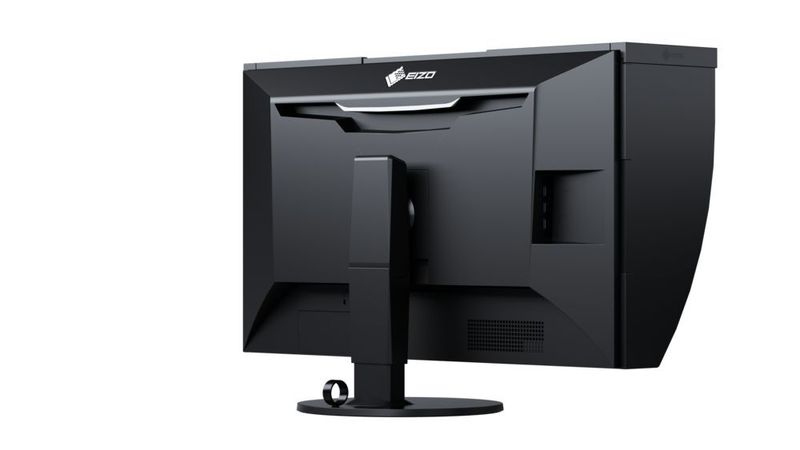 Auf der Rückseite sitzen die nach unten gerichteten Monitoreingänge: Zwei mal HDMI 2.0 und zwei mal DisplayPort 1.2. Die abnehmbare Blendschutzhaube gehört zum Lieferumfang. (Eizo)