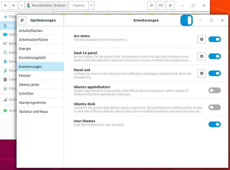 In den Einstellungen des GNOME Tweak Tools lassen sich die einzelnen Erweiterungen so anpassen, dass diese dem Erscheinungsbild von Windows 10 entsprechen. (Joos / Ubuntu / Gnome)
