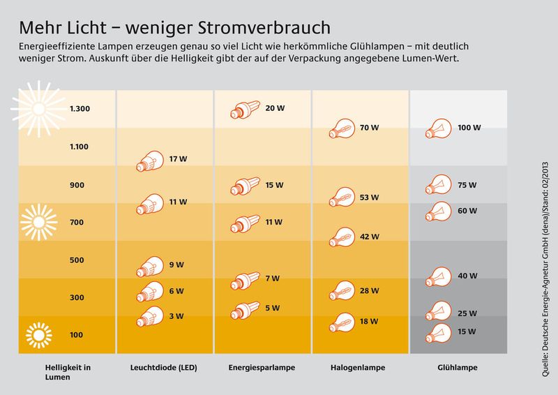 Energieeffiziente Lampen erzeugen genauso viel Licht wie Glühlampen – aber mit deutlich weniger Strom. (Bild: Initiative Energieeffizienz/Dena)