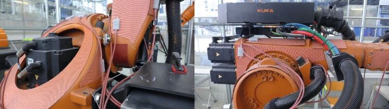Bild 2: Blick auf die an den Achsen 1, 2 und 3 angebrachten Heizmatten am Roboter des Typs KR60 HA von Kuka.