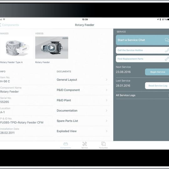 Die App Z Plantgate liefert auf einen Blick Informationen wie Artikelnummer, Name der Komponente, Seriennummer, Einbaudatum und wichtige Dokumente zum Bauteil.(Bild:  Zeppelin Systems)