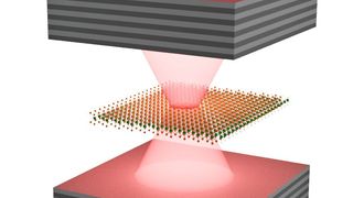 Kristalle, die aus einer einzigen Schicht von Atomen bestehen (Bildmitte) und zwischen „Spiegeln“ platziert sind, lassen sich durch Laserlicht in einen exotischen Quantenzustand versetzen. So könnte man den kleinsten möglichen Festkörperlaser aufbauen. (J. Michl)