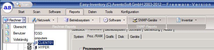 Abbildung 7: Über den Menüpunkt Reports lassen sich Berichte über die inventarisierten Rechner erstellen. Dazu bietet das Tool auch verschiedene Kategorien und Filter an. Die Berichte lassen sich mit wenigen Klicks erstellen. (Bild: Joos)