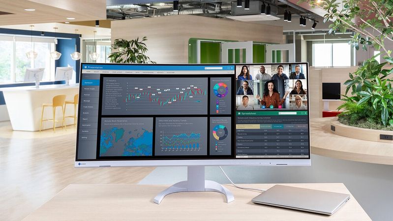 Der EIZO FlexScan EV3851X bietet mit einer Diagonale von 37,5 Zoll viel Platz für Anwendungen auf dem Desktop. Die Auflösung des gekrümmten Ultrawide-Panels beträgt 3.840 x 1.600 Pixel. Zur Ausstattung gehören USB-C und ein KVM-Switch.  (Bild:  Eizo)