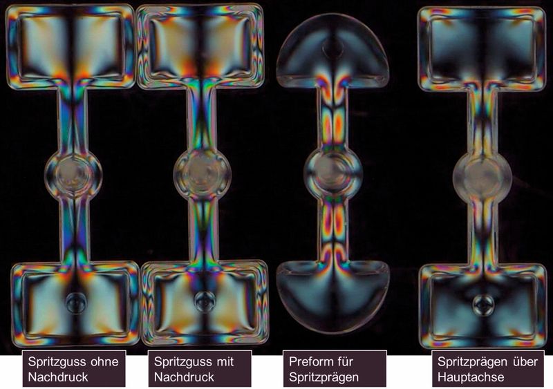 Bild 1: Vergleichende Untersuchung von spritzgegossenen und spritzgeprägten Rechtecklinsen im polarisierten Licht – Prägen reduziert die Eigenspannungen. (Bild: Jakob)