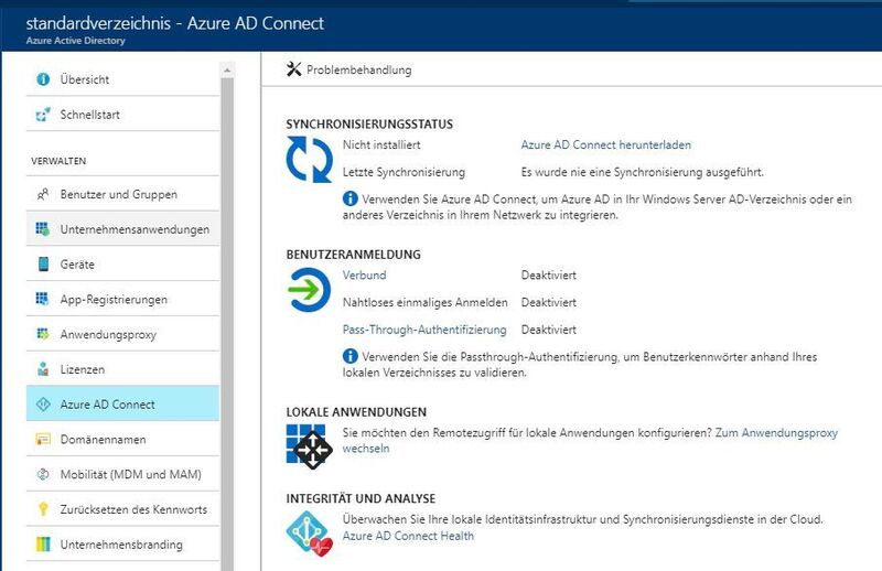 Mit Azure AD Connect kann Azure AD mit lokalen Active-Directory-Umgebungen verbunden werden. Dadurch lassen sich Benutzerkonten und Kennwörter synchronisieren. (Joos / Microsoft)