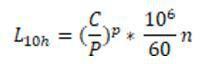 SEW-Formel zur Berechnung der nominellen Lagerlebensdauer 
L10h [h]	– nominelle Lebensdauer 
C [N] 	– Dynamische Tragzahl 
P [N]  	– Äquivalente dynamische Lagerbelastung 
p 	– Lebensdauerexponent (für Kugellager p=3, für Rollenlager p=10/3) 
n [min-1]	 – Betriebsdrehzahl  (SEW-Eurodrive/VCG)