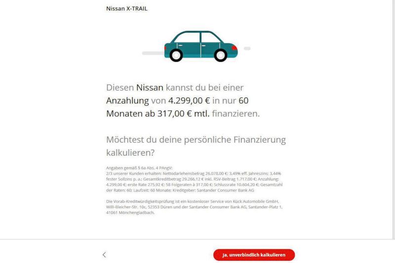 Beim ersten Finanzierungsangebot ... (Screenshot Santander)