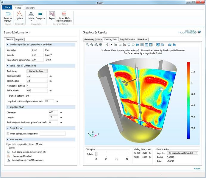 Ein Beispiel für eine kompilierte Simulations-Application, mit der Benutzer einen Mixer optimieren können. (Comsol)