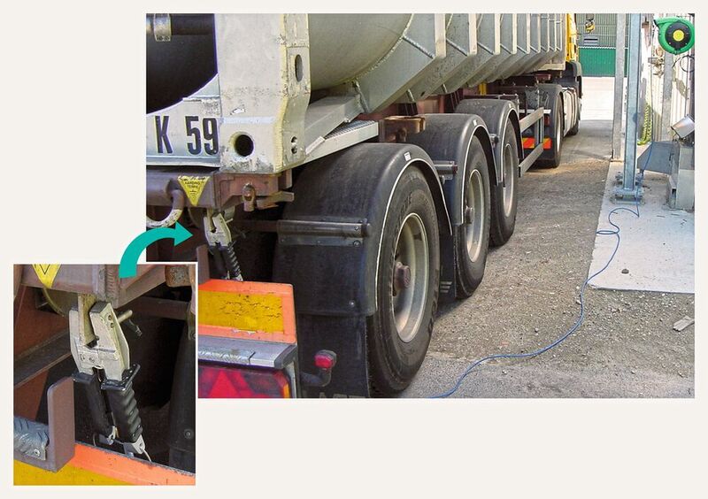 Figure 2: The Farado system (left and above) continually monitors the grounding status of the truck and stops operations if the ground connection is missing or inadequate. (Rembe)
