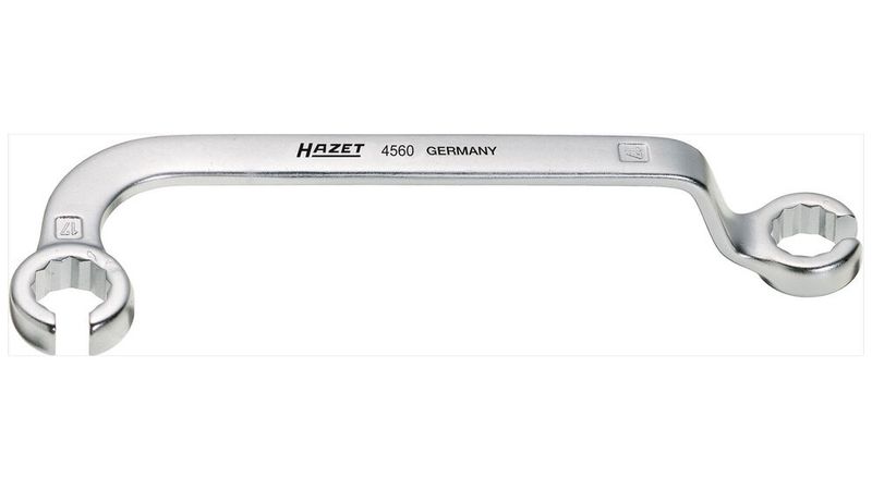 Mit zum Programm gehört ein gekröpfter und gekrümmter Schlüssel mit einer Weite von 17 Millimetern. Er eignet sich laut Hazet vor allem für Abgastemparatur-Sensoren, kann aber auch bei Einspritzleitungen zum Einsatz kommen. (Bild: Hazet)