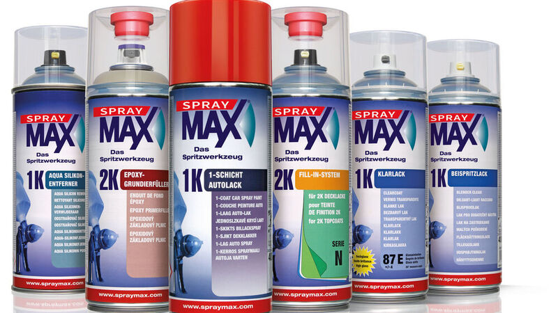 Das SprayMax-Konzept umfasst mehr als 60 Produkte für den professionellen Anwender. Angefangen von der 1K-, über die 2K- bis hin zu UV-Technik.