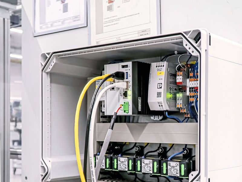 Eine in den Schaltkasten integrierte Edge-Computing-Lösung auf Basis des VL3 UPC 2440 verbindet die Feldsensorik, dezentrale I/O-Systeme und KI-gestützte Analyseverfahren in einer durchgängigen Condition-Monitoring-Architektur. (Bild: Phoenix Contact)