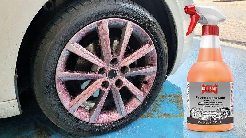 Wer Alufelgen hat, will meistens auch, dass diese sauber sind. Dafür soll der neue Felgenreiniger von Ballistol sorgen. Wenn der sich violett gefärbt hat, darf er wieder abgespült werden. (Bild: Ballistol)