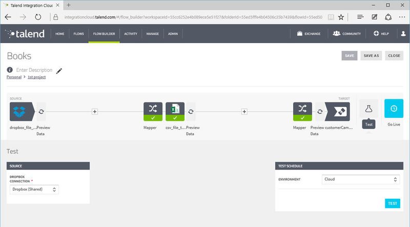 Ein einfacher Flow, der Daten aus einer in der Dropbox liegenden CSV-Datei ausliest. (Bild: Talend)