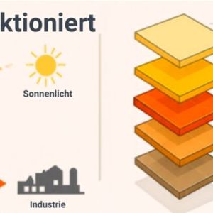 Schematische Darstellung des SolarHeat-Kollektors: links der Einsatz in der Industrie, rechts der mehrschichtige Aufbau.  (Bild:  Luca Thommen,  ETH Zürich / KI-generiert)