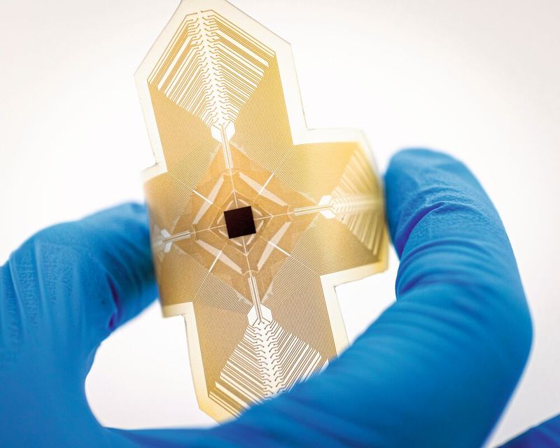 Ein flexibles Implantat mit 324 Elektroden und integrierter Elektronik stimuliert und erfasst neuronale Aktivität.