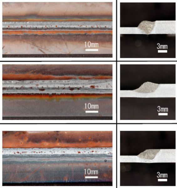 Wärmeeinbringung im Vergleich: oben: Pulsschweißen mit einem Draht – Schweißgeschwindigkeit: 1,5 m/min/Schweißstrom: 300 A. mitte:  Cold Tandem Schweißen mit einem Hauptdraht und Kaltdrahtzufühung / Schweißgeschwindigkeit 1,6 m/min/Schweißstrom 400 A/Drahtzuführgeschwindigkeit 120 cm/min.unten:  Klassisches Tandem Schweißverfahren / Schweißgeschwindigkeit 3 m/min/ Hauptdraht Schweißstrom 375 A/Paralleldrahtschweißstrom 190 A. (Bild: OTC)