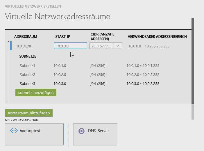 In Microsoft Azure können Administratoren eigene Netzwerke mit verschiedenen Subnetzen erstellen. In diesem Netzwerk lassen sich die beteiligten Hadoop-Clusterknoten integrieren und zwar auf Wunsch auch in verschiedenen Subnetzen. Die Netzwerke werden automatisch miteinander verbunden. (Bild: T. Joos)
