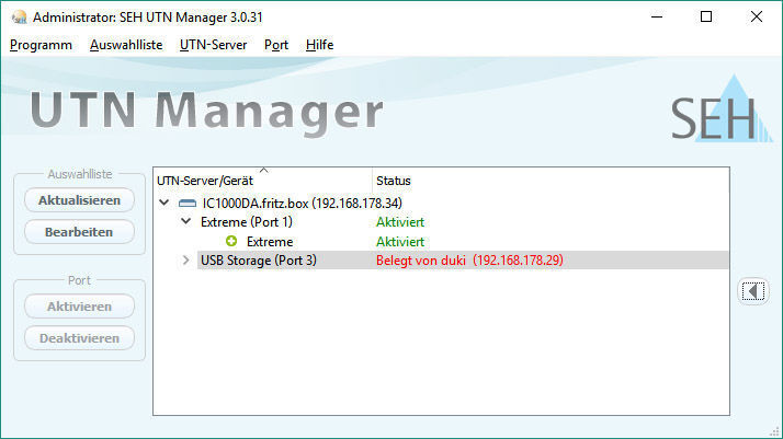 Die Lösung zeigt dabei auch an, welche Ports von anderen Nutzern belegt sind... (Screenshot: SEH UTN Manager)