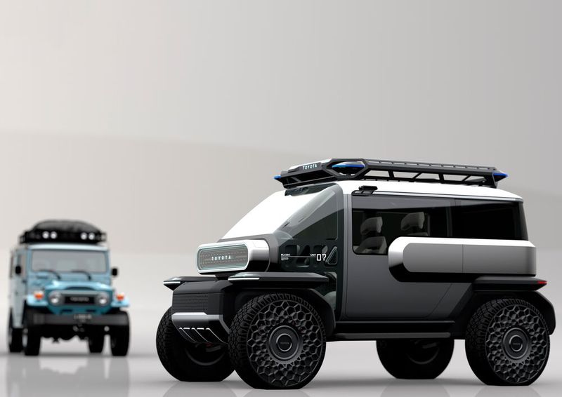 Der futuristische Baby Lunar Cruiser (BLC) ist auch eine Referenz an den ursprünglichen FJ40 Land Cruiser (links).(Bild:  Toyota)