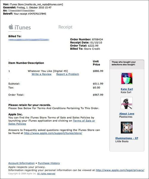 So sieht die gefälschte iTunes Rechnungl aus. (Quelle: Retarus) (Archiv: Vogel Business Media)
