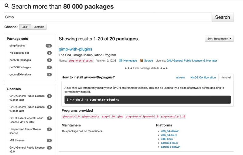<p>Über die <u><a href=https://search.nixos.org/packages>Paketsuche von NixOS</a></u> finden sich über 80.000 Anwendungen.</p>