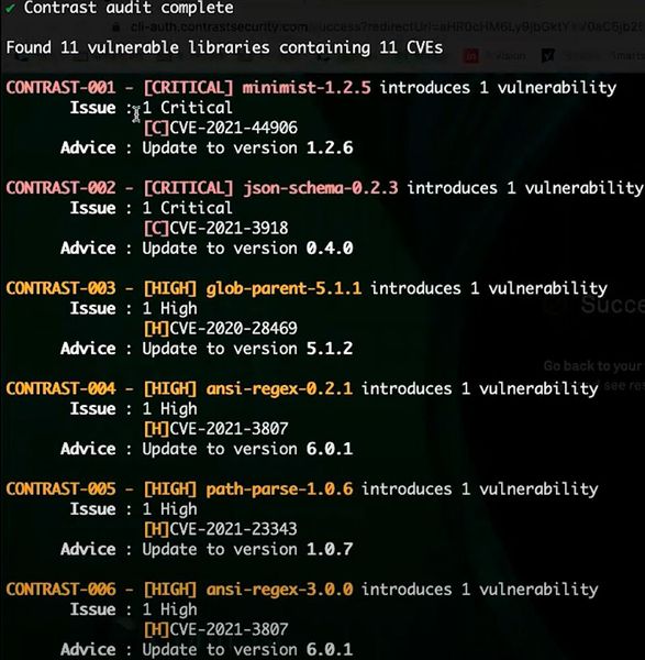 CodeSec von Contrast meldet alle bekannten Schwachstellen, die in eingesetzten Bibliotheken gefunden wurden, mit entsprechenden Gegenmaßnahmen. (Bild: Joos)