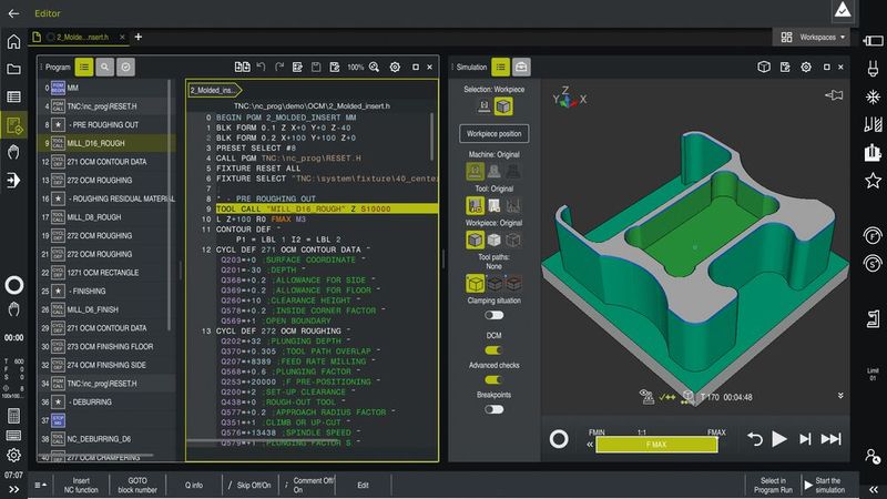 Neu für die TNC7: Der Dunkelmodus bietet bessere Sichtbarkeit der Inhalte bei schwierigen Lichtverhältnissen. (Bild: Heidenhain)