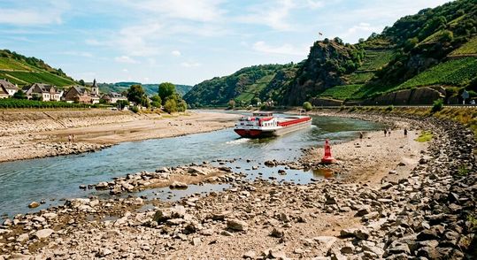 An Elbe, Rhein und Donau schaut es derzeit ungefähr so aus. Transportschiffe kommen nur noch bedingt durch. Deshalb kippen immer mehr Bundesländer das Lkw-Fahrverbot an Sonn- und Feiertagen. Nun schließen sich die Hessen und die Bayern an ...(Bild:  KI-generiert)