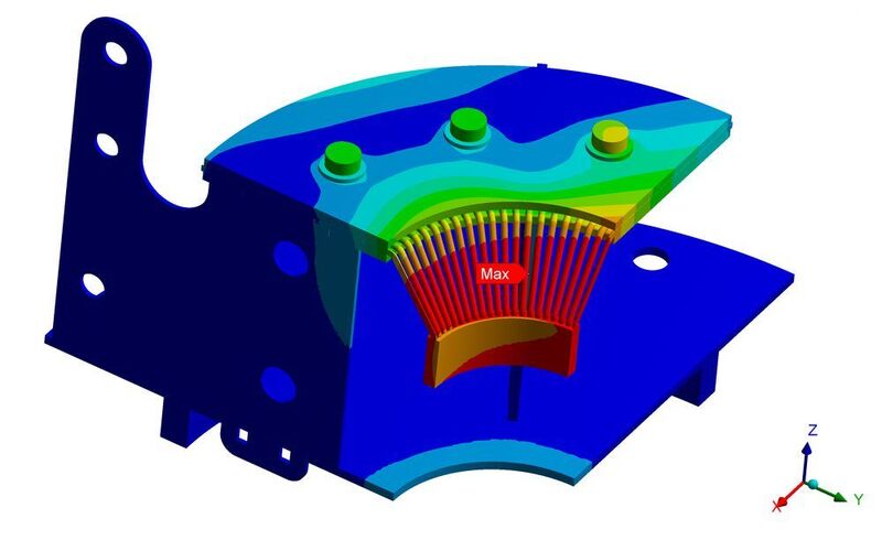 Dank FEM hat Time das AMS-Hang-Off optimiert in Gewicht und Tragkraft. Im Bild ist die Verformung des Bauteils zu sehen. (Time)